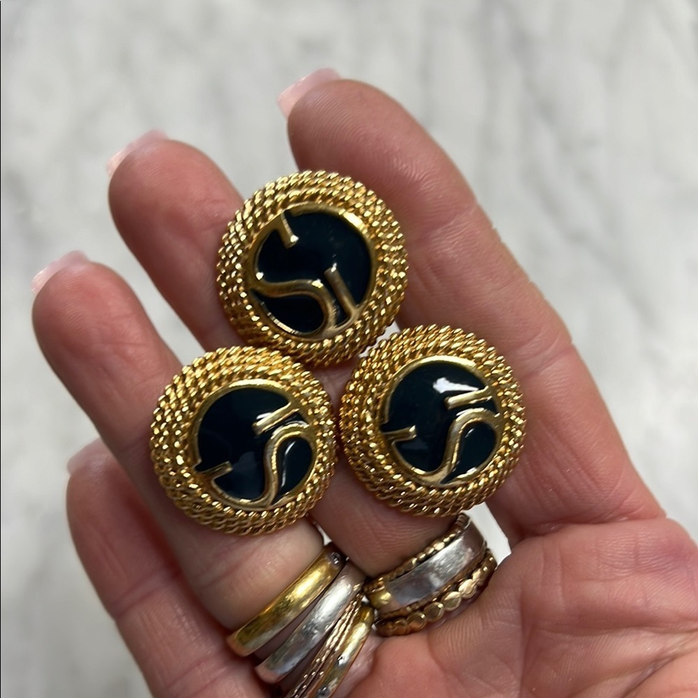 Vintage St. John Monogram Gold Tone Navy Enamel Cuff Links Set of Three